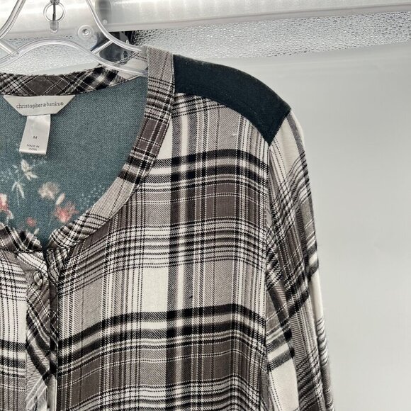 Christopher & Banks Women's Button Up Plaid Embroidered Top Size Medium - Picture 3 of 9